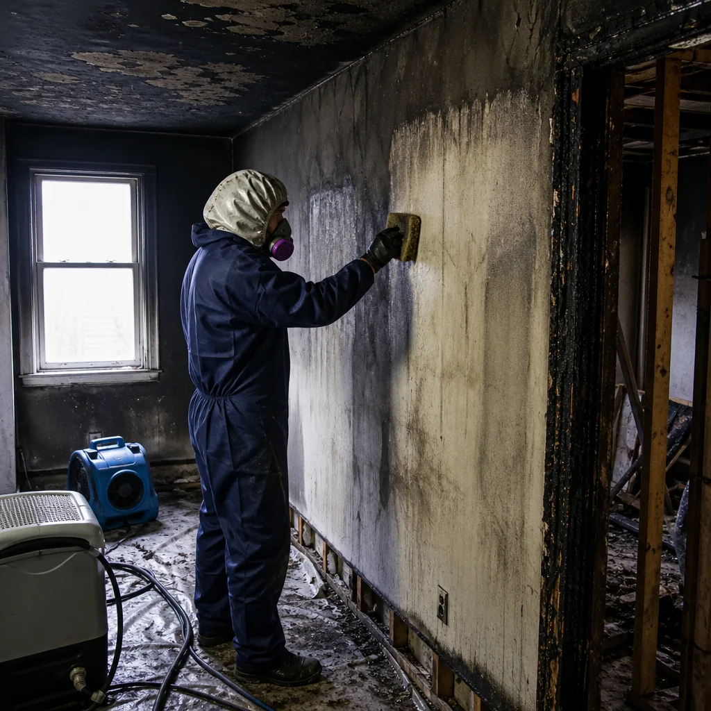 Technician in protective suit performing professional fire damage restoration cleaning