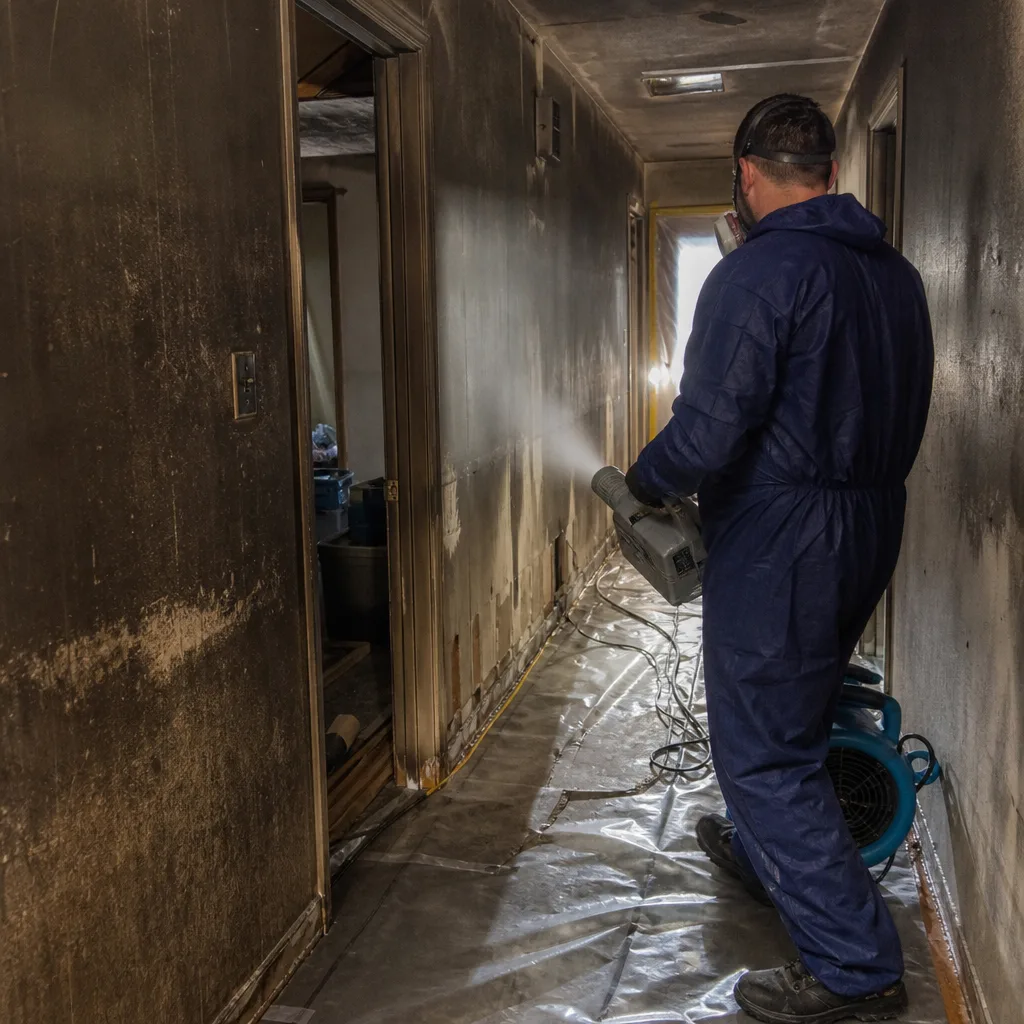 Professional technician performing fire damage restoration in a residential hallway