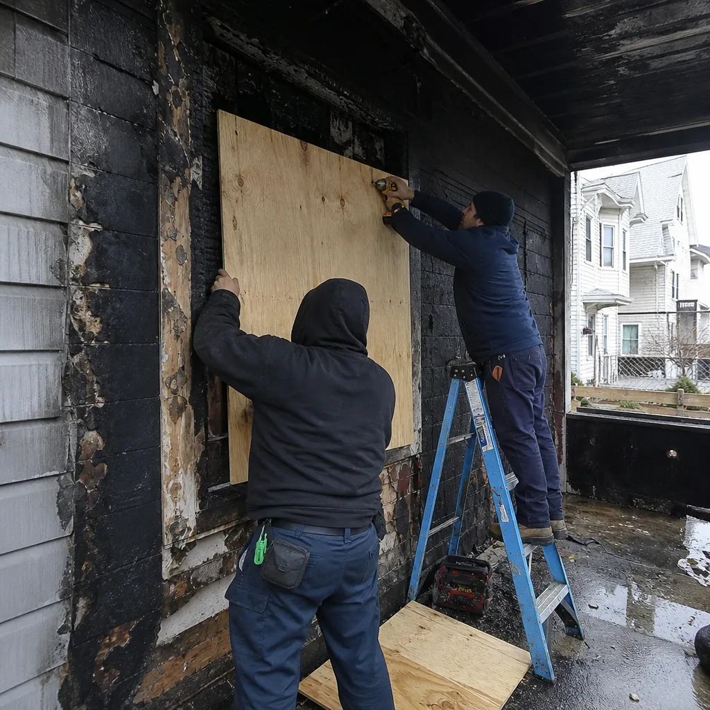 Technicians performing fire damage restoration by boarding up a burnt window.