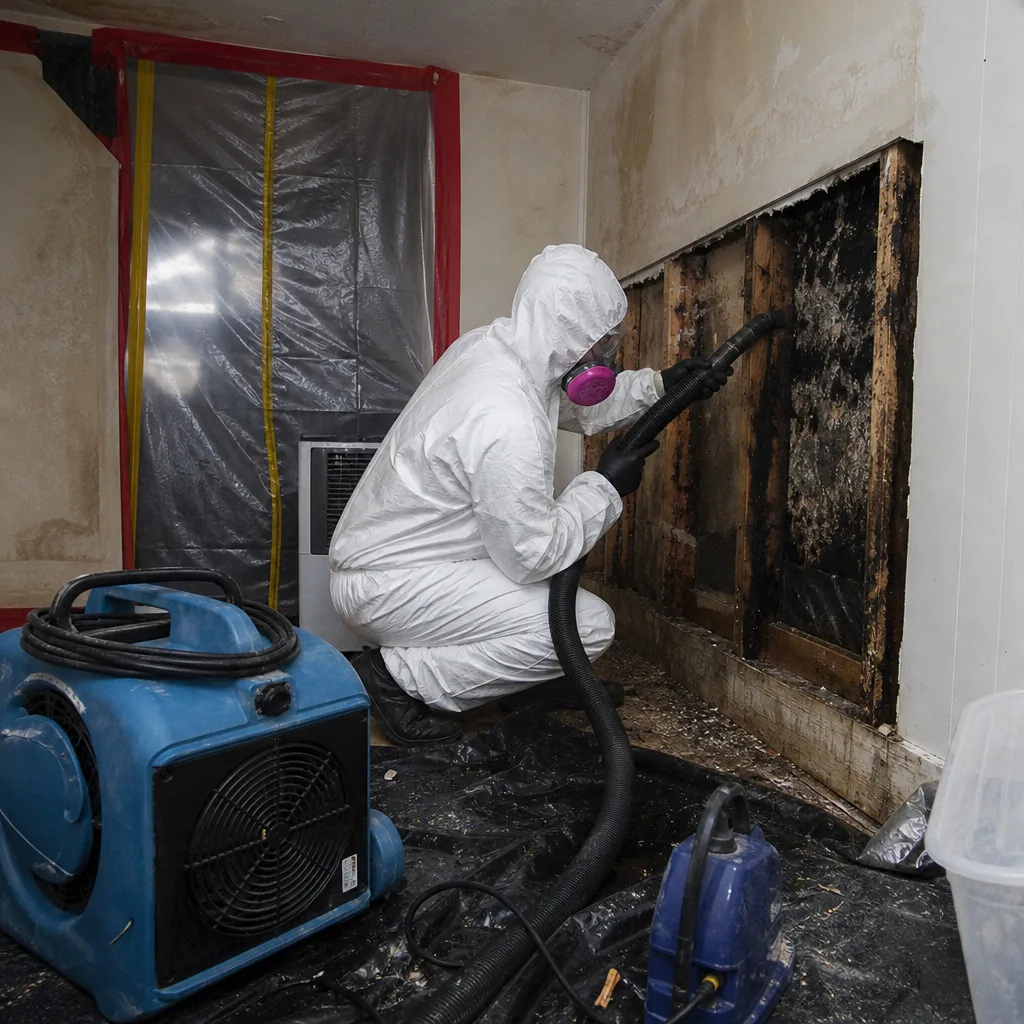 Professional mold remediation technician performing mold cleanup and removal from wall studs