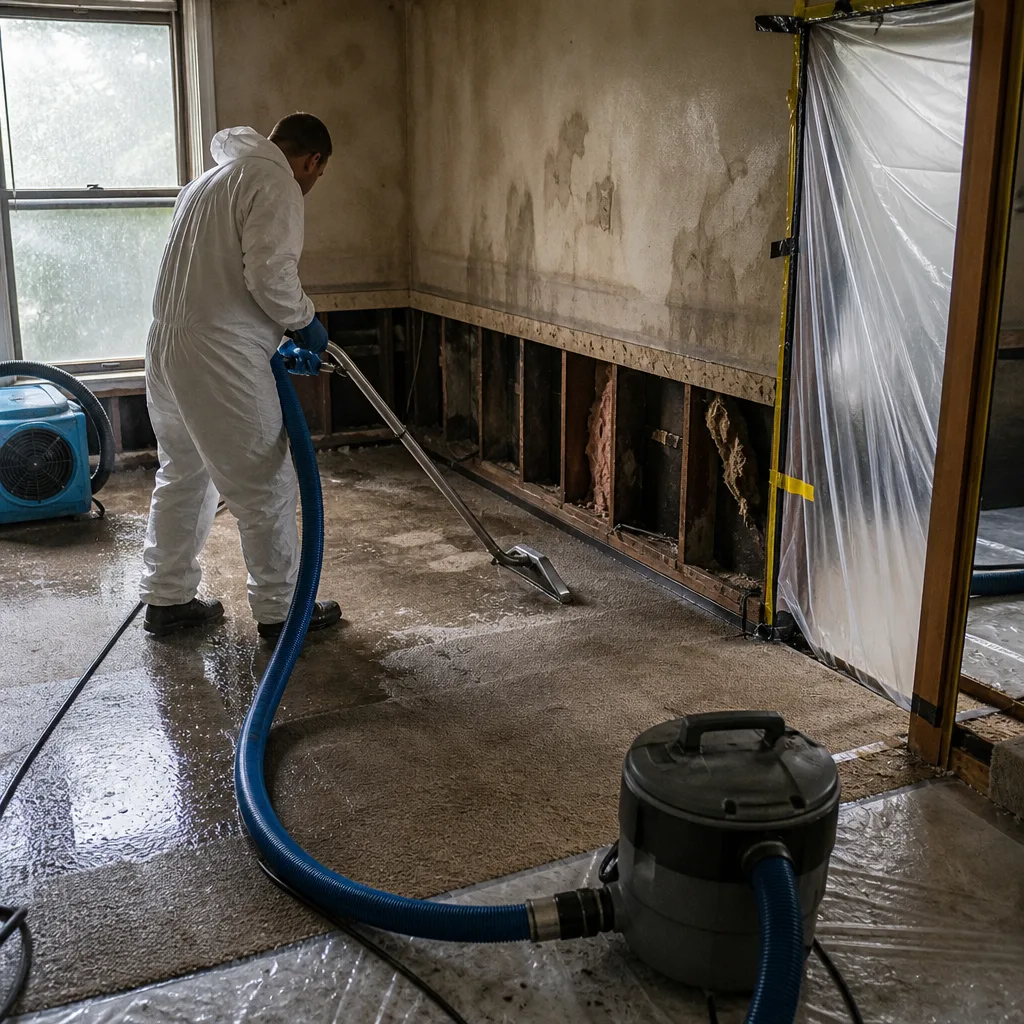 Water damage restoration professional using industrial extraction equipment on wet flooring