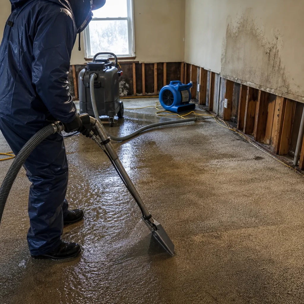 Water damage restoration professional extracting standing water from a flooded carpet.